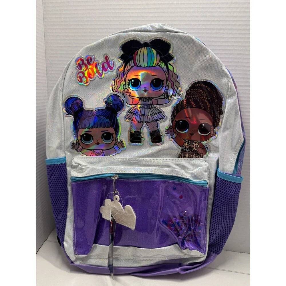 LOL Surprise Backpack 17” Book Bag Purple Shiny With Laptop Sleeve And Pockets